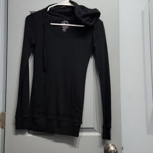 SO Black Waffle Knit Thermal Long Sleeve Hoodie Kangaroo Pocket Tee small